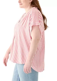 Plus Short Sleeve V-Neck Yarn Dyed Woven Blouse