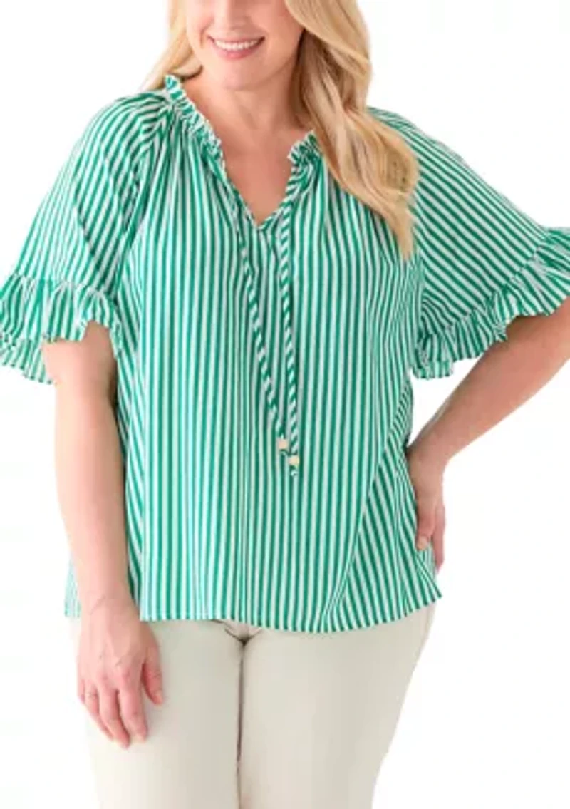 Plus Short Raglan Sleeve Peasant Woven Blouse