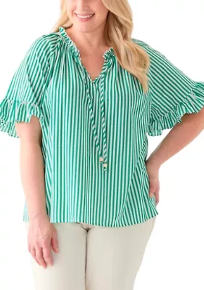 Plus Short Raglan Sleeve Peasant Woven Blouse