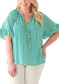Plus Short Raglan Sleeve Peasant Woven Blouse