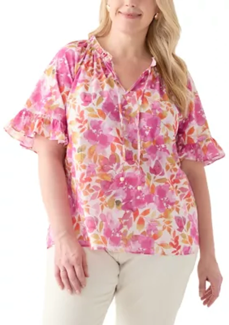 Plus Short Sleeve Raglan Peasant Woven Blouse