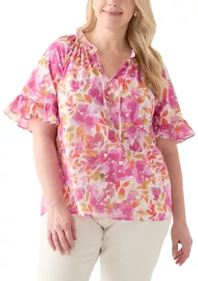Plus Short Sleeve Raglan Peasant Woven Blouse