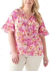 Plus Short Sleeve Raglan Peasant Woven Blouse