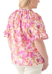 Plus Short Sleeve Raglan Peasant Woven Blouse