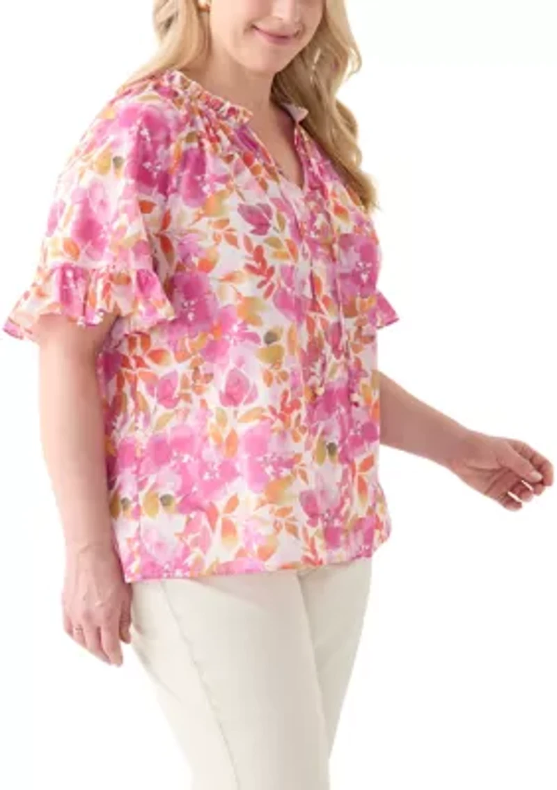 Plus Short Sleeve Raglan Peasant Woven Blouse