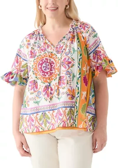 Plus Short Sleeve Raglan Peasant Woven Blouse