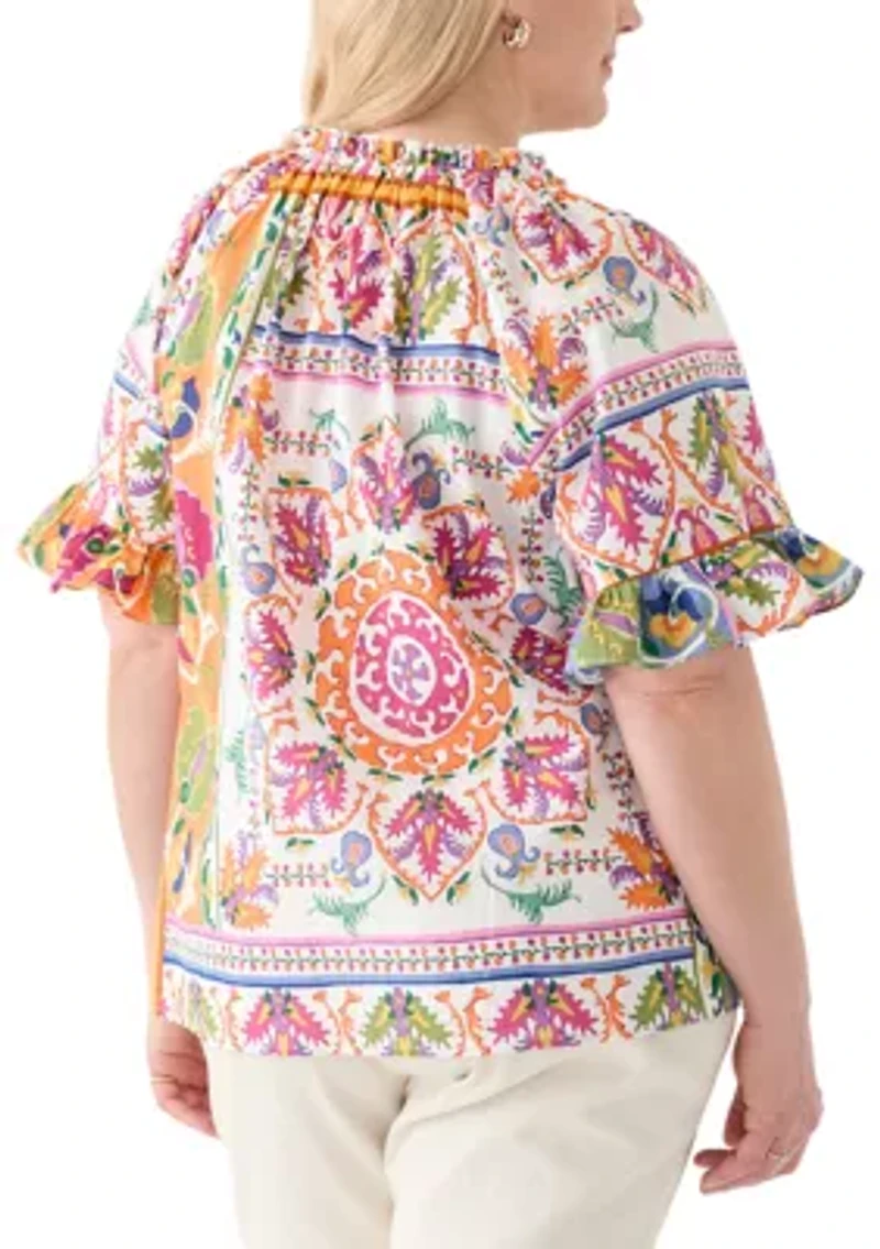 Plus Short Sleeve Raglan Peasant Woven Blouse