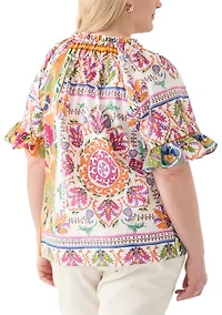Plus Short Sleeve Raglan Peasant Woven Blouse