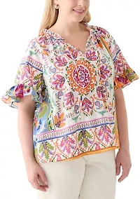 Plus Short Sleeve Raglan Peasant Woven Blouse