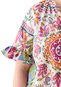 Plus Short Sleeve Raglan Peasant Woven Blouse