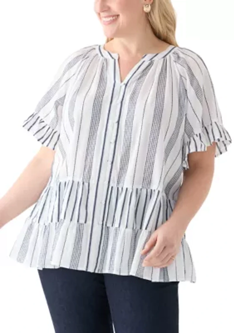 Plus Short Sleeve Embroidered Mixed Stripe Woven Blouse