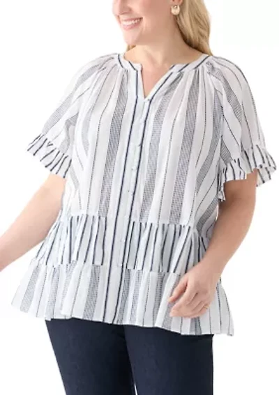 Plus Short Sleeve Embroidered Mixed Stripe Woven Blouse