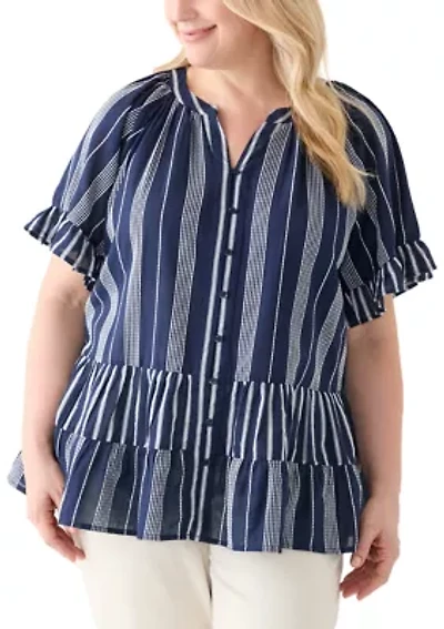 Plus Short Sleeve Embroidered Mixed Stripe Woven Blouse
