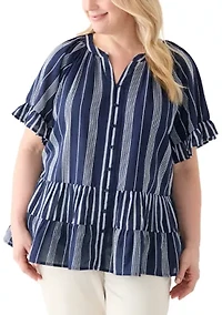 Plus Short Sleeve Embroidered Mixed Stripe Woven Blouse