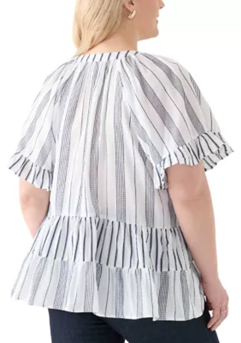 Plus Short Sleeve Embroidered Mixed Stripe Woven Blouse