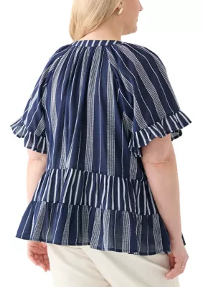 Plus Short Sleeve Embroidered Mixed Stripe Woven Blouse