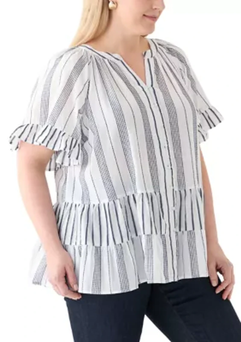 Plus Short Sleeve Embroidered Mixed Stripe Woven Blouse