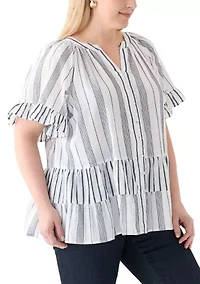 Plus Short Sleeve Embroidered Mixed Stripe Woven Blouse