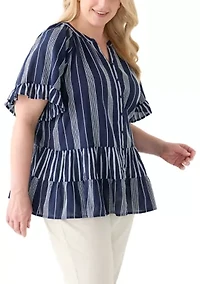Plus Short Sleeve Embroidered Mixed Stripe Woven Blouse