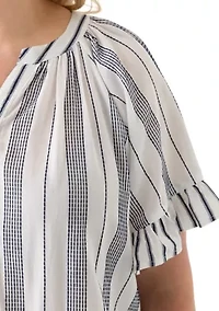 Plus Short Sleeve Embroidered Mixed Stripe Woven Blouse