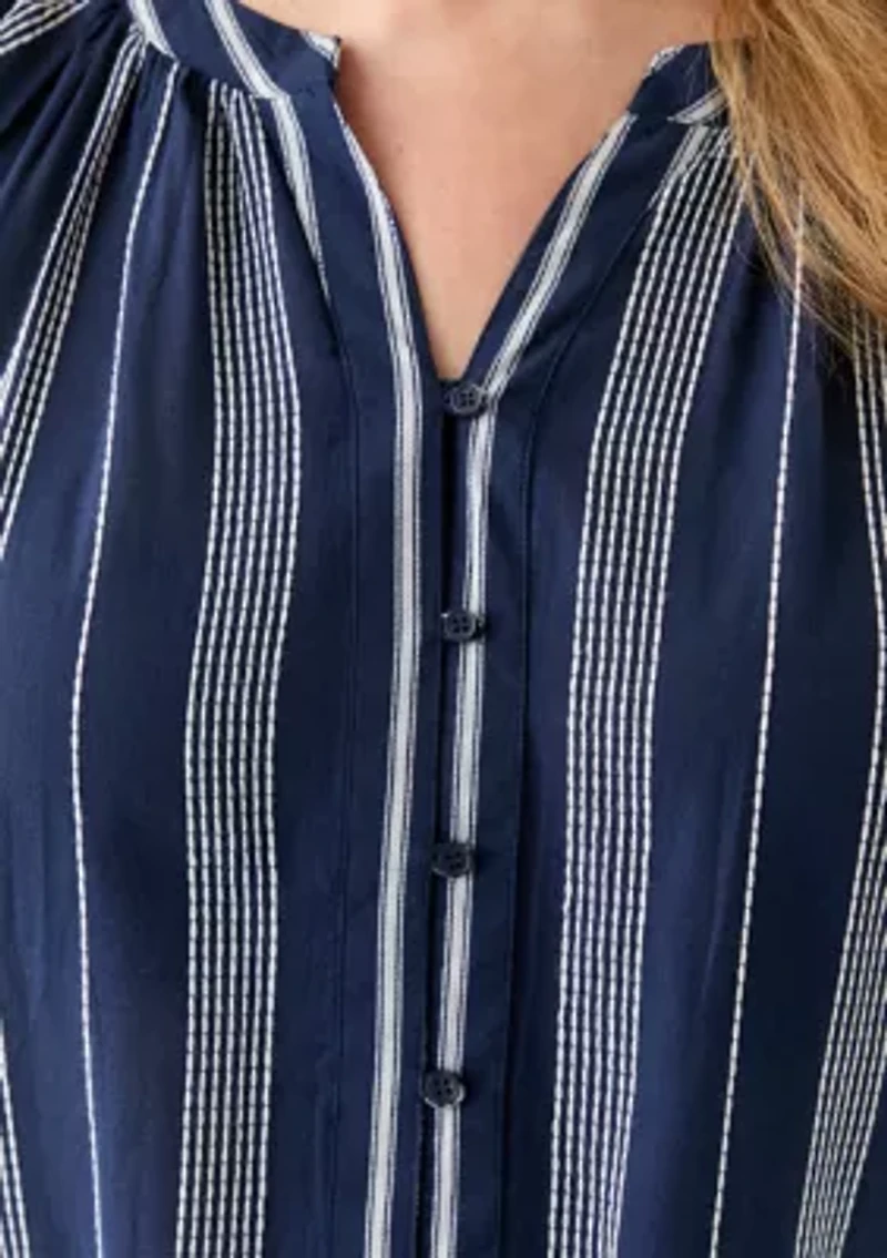 Plus Short Sleeve Embroidered Mixed Stripe Woven Blouse