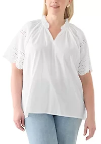 Plus Eyelet Flutter Sleeve Woven Blouse