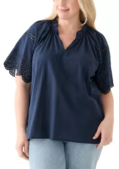 Plus Eyelet Flutter Sleeve Woven Blouse