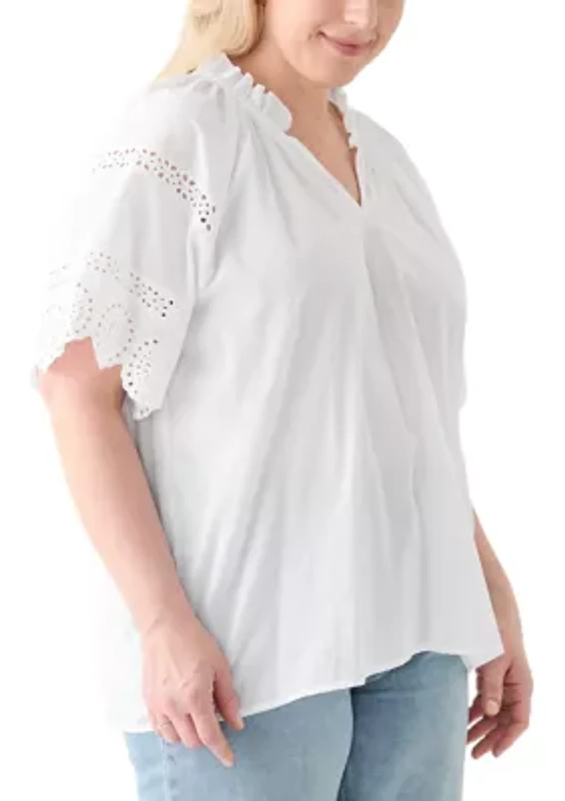 Plus Eyelet Flutter Sleeve Woven Blouse