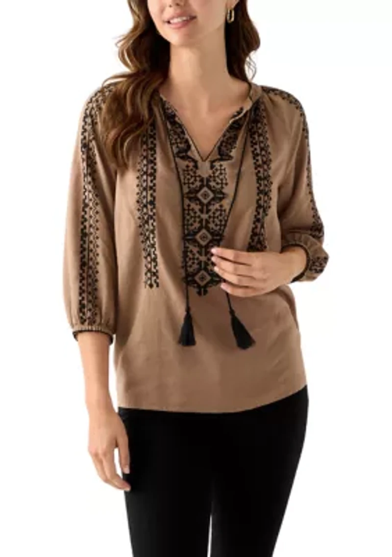 Women's Linen Blend 3/4 Sleeve Embroidered Blouse