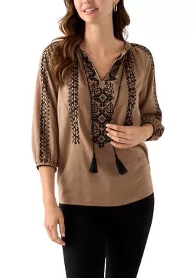 Women's Linen Blend 3/4 Sleeve Embroidered Blouse