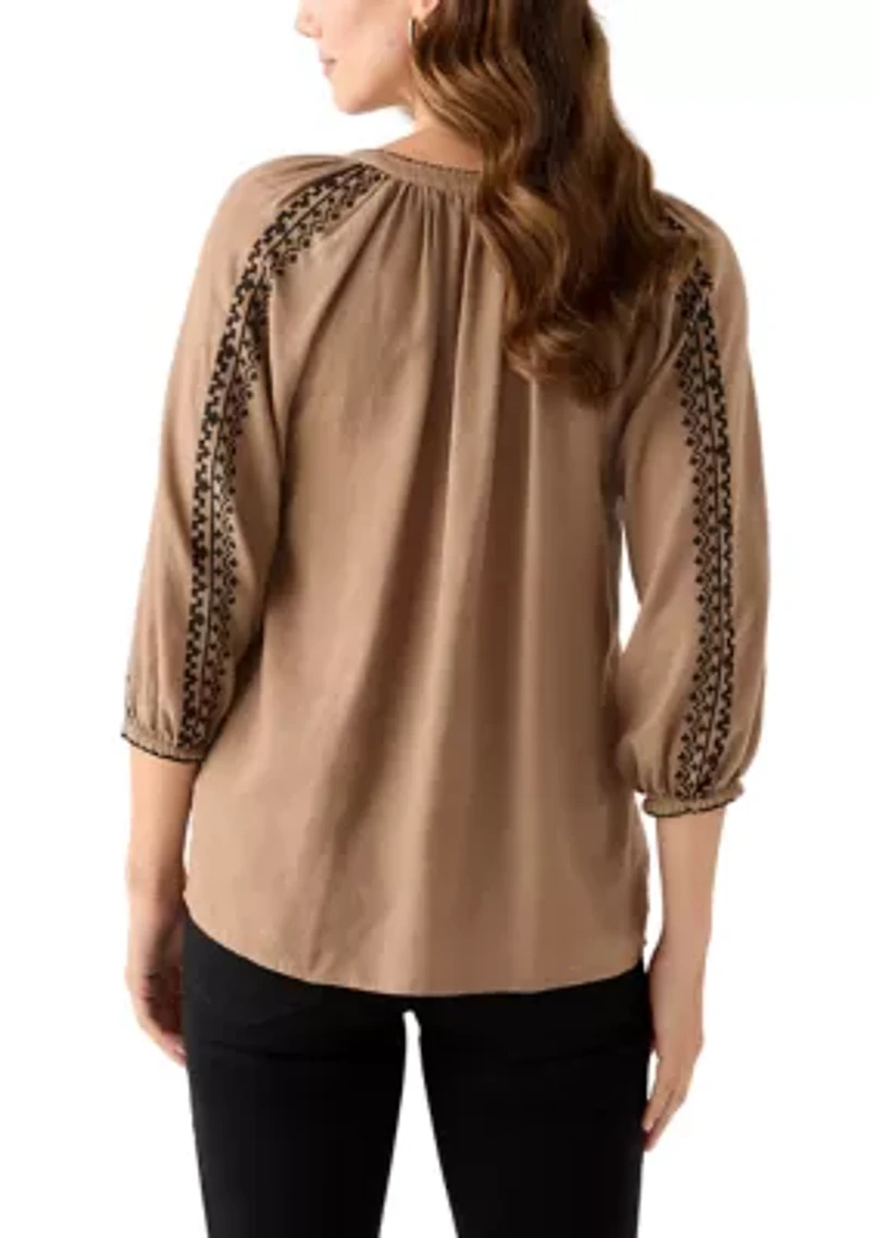 Women's Linen Blend 3/4 Sleeve Embroidered Blouse