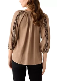 Women's Linen Blend 3/4 Sleeve Embroidered Blouse