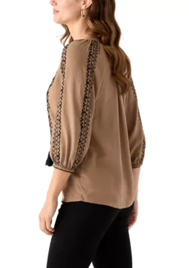 Women's Linen Blend 3/4 Sleeve Embroidered Blouse