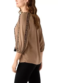 Women's Linen Blend 3/4 Sleeve Embroidered Blouse