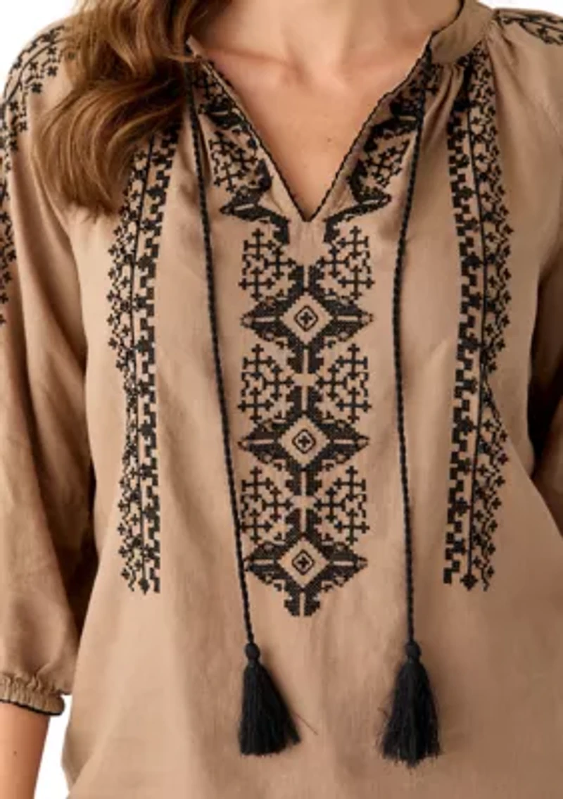 Women's Linen Blend 3/4 Sleeve Embroidered Blouse