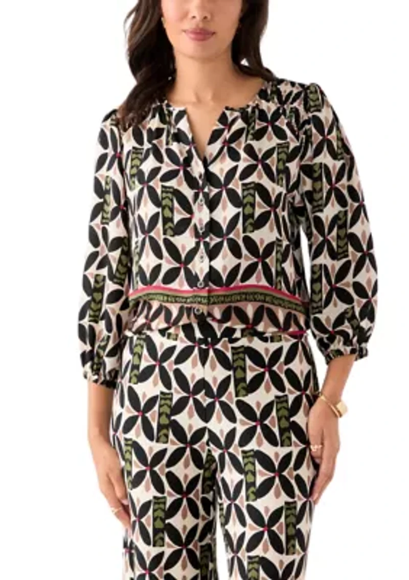 Women's Puff Sleeve Printed Split Neck Blouse