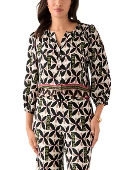 Women's Puff Sleeve Printed Split Neck Blouse