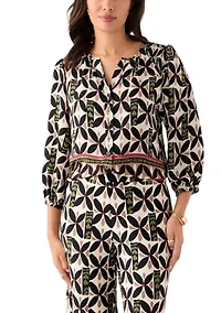 Women's Puff Sleeve Printed Split Neck Blouse