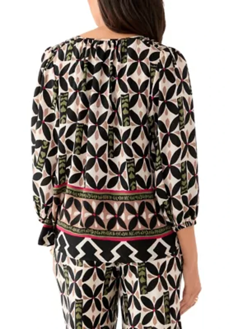 Women's Puff Sleeve Printed Split Neck Blouse