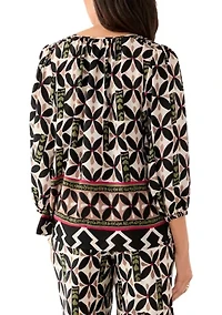 Women's Puff Sleeve Printed Split Neck Blouse