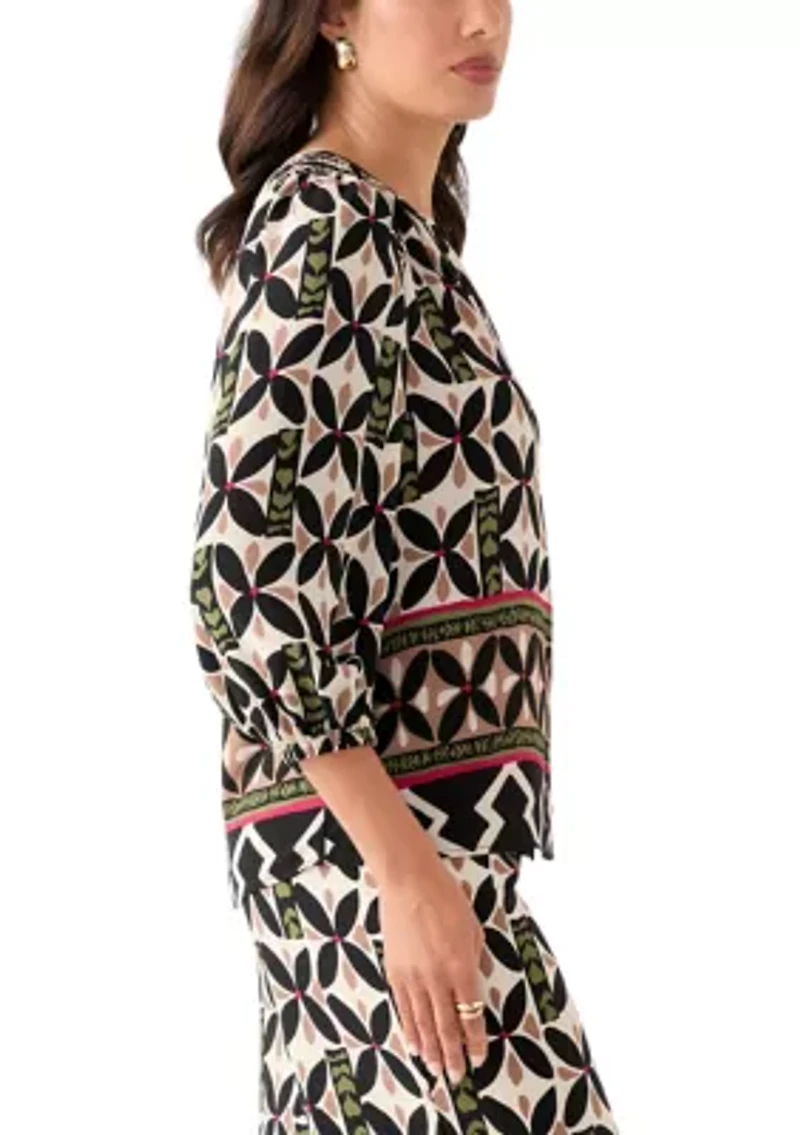 Women's Puff Sleeve Printed Split Neck Blouse