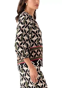 Women's Puff Sleeve Printed Split Neck Blouse
