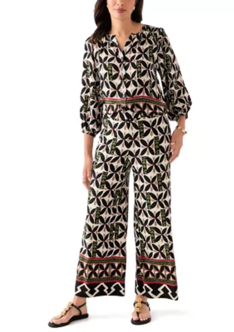 Women's Puff Sleeve Printed Split Neck Blouse