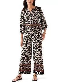 Women's Puff Sleeve Printed Split Neck Blouse