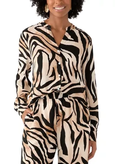Women's Zebra Printed Button Front Split Neck Blouse