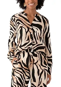 Women's Zebra Printed Button Front Split Neck Blouse