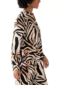 Women's Zebra Printed Button Front Split Neck Blouse