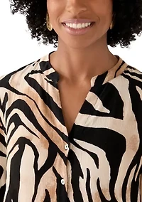 Women's Zebra Printed Button Front Split Neck Blouse