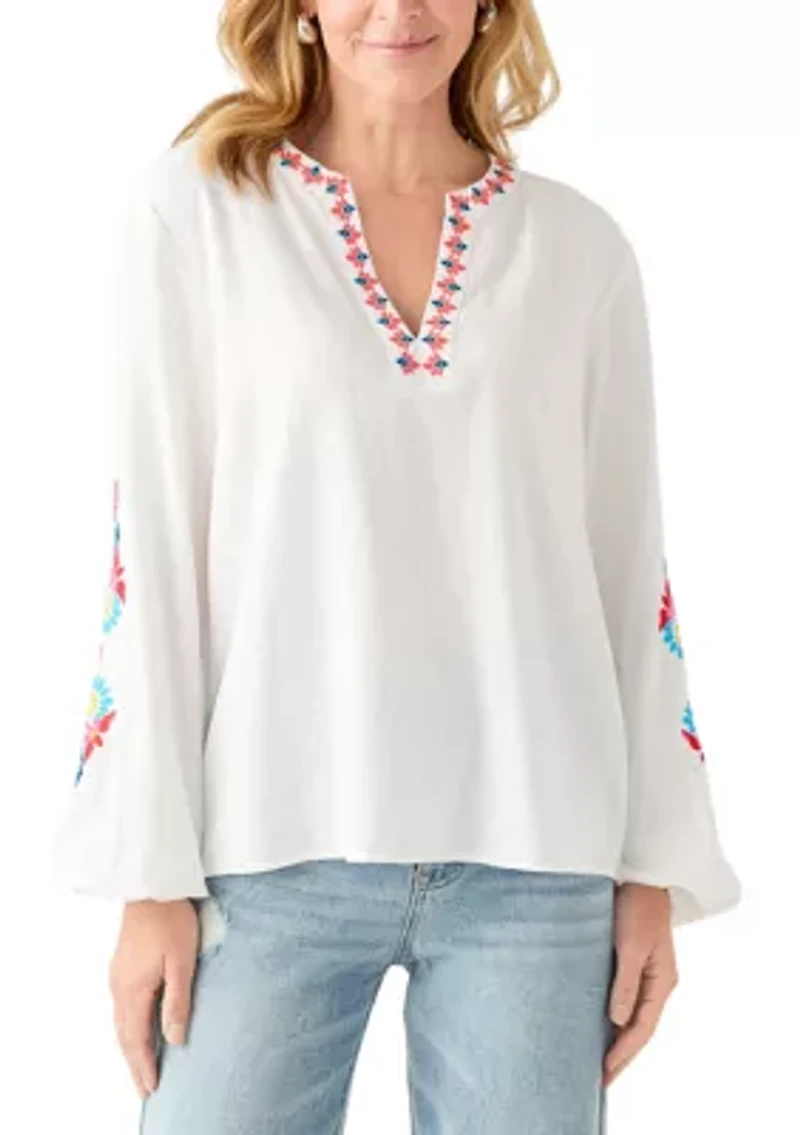 Women's Linen Blend Split Neck Embellished Blouse