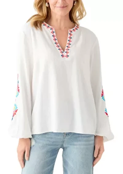 Women's Linen Blend Split Neck Embellished Blouse